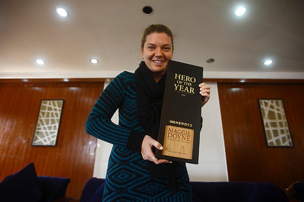 CNN Hero 2015 Maggie Doyne at a press meet after her return from the U.S. on Wednesday. Doyne plans on using the award money worth $ 100,000 to build a school for children in Surkhet.