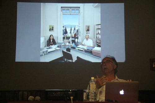Award winning Dutch photographer Jan Banning shares his experience with Nepali photo journalists in Kathmandu on Tuesday.