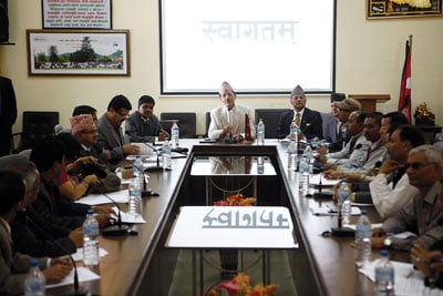 SLIDE SHOW: Chief Election Commissioner Nilkantha Uprety (centre) urges leaders of political parties to participate in the upcoming elections at the Election Commission office in Kantipath on Tuesday.