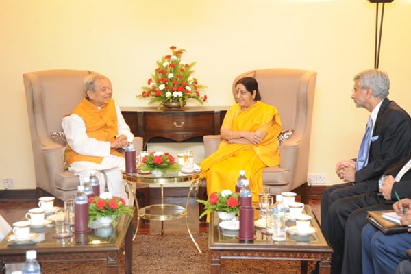 Leaders of Rashtriya Janata Party,Nepal (RJPN) call on India's External Affairs Minister Sushma Swaraj in Kathmandu on Thursday.