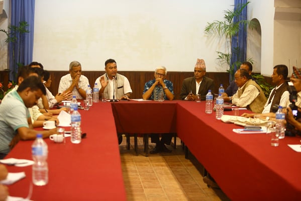 Newly elected mayors, former mayors and experts on local governance during a press conference at Yala Maya Kendra, Patan Dhoka on Thursday. They have asked for a revision of the draft bill 'Inter-governmental Fiscal Management' that threaten to reverse fiscal decentralisation.