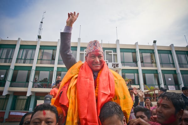 CPN-UML's Bidya Sundar Shakya celebrates after being elected the Mayor of Kathmandu Metropolitan City at City Hall on Sunday.
