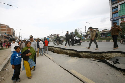 The road in Lokanthali, Bhaktapur has been damaged by a powerful earthquake that rattled Nepal on Saturday.