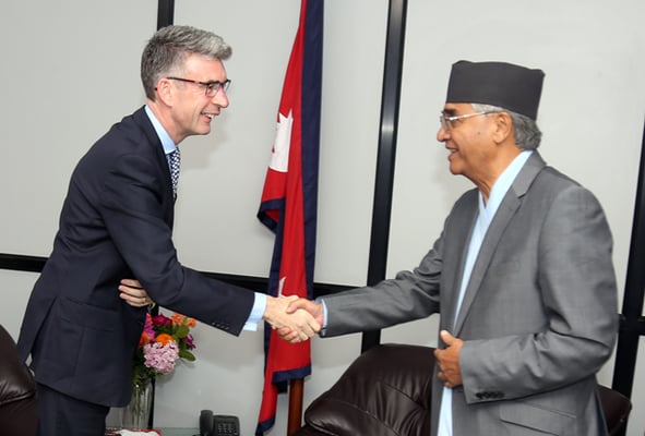 British Ambassador Richard Morris calls on Prime Minister Sher Bahadur Deuba on Monday.