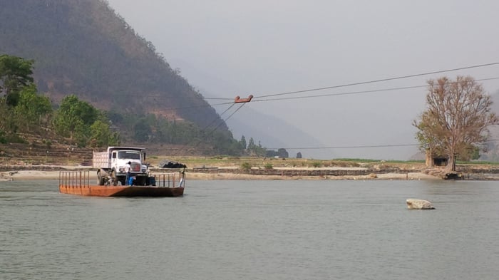 GETTING ACROSS: A truck crossing the Karnali River on a ferry in Rakam on Tuesday