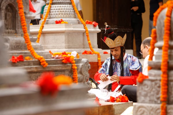 A priest performs rituals during the annual Chaitya Puja at Hyatt Regency on Wednesday.