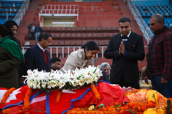 Minister of External Affairs of India Sushma Swaraj pays her last respect to the late Sushil Koirala at Dashrath Stadium on Tuesday.