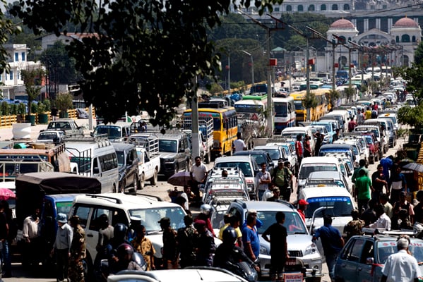 Vehicles line up outside a petrol station in Bhadrakali on Wednesday. More than a week has passed since India imposed an unofficial blockade, cutting supplies of fuel and other essential commodities to Nepal.