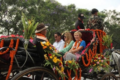 WITH HONOURS: Relatives of Tenzing Norgay and Edmund Hillary receive a civic felicitation during the diamond jubilee of first ascent of Mt. Everest, in Basantapur on Wednesday.
