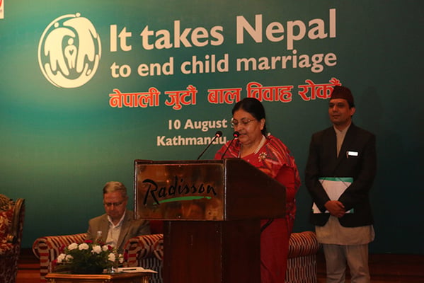 President Bidya Devi Bhandari during the launch of five-year nation-wide campaign 'It Takes Nepal to End Child Marriage' at Hotel Radisson, Kathmandu on Thursday.