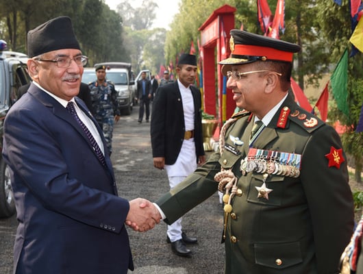 Prime Minister Pushpa Kamal Dahal is welcomed by Army Chief Rajendra Chhetri at a Commissioning Ceremony of the Nepal Army in Bhaktapur on Wednesday.