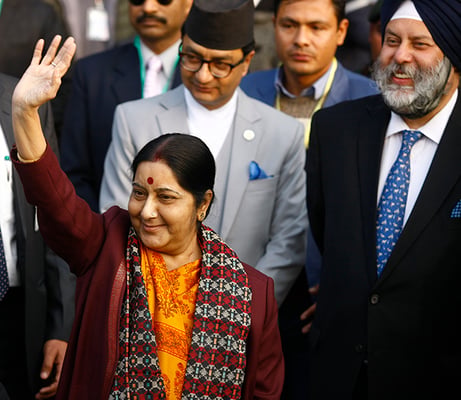 Indian Minister of External Affairs Sushma Swaraj arrives at Kathmandu Airport on Thursday afternoon for her two-day visit. She will first hold talks with CPN-UML Chair KP Oli, followed by meetings with Maoist (Centre) Chairperson Pushpa Kamal Dahal, President Bidya Bhandari and Prime Minister Sher Bahadur Deuba.
