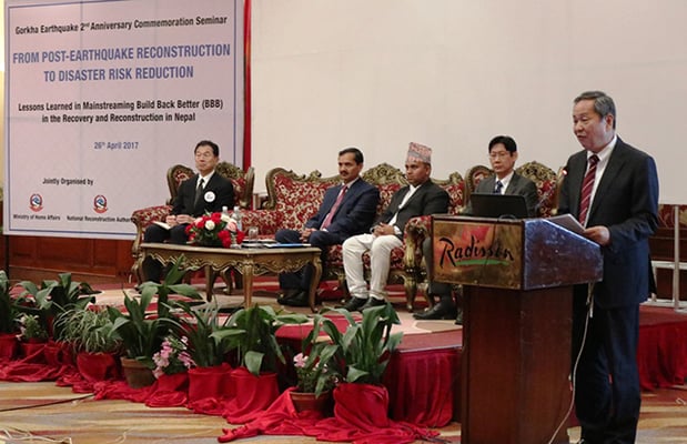 Japanese Ambassador Masashi Ogawa (right) with Krishna Bahadur Raut of the Home Ministry and Govinda Pokharel of the National Reconstruction authority at a disaster risk reduction seminar on Wednesday to mark the second anniversary of the earthquake.