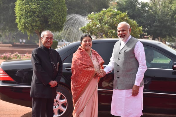 President of India Pranab Mukharjee and Indian Prime Minister Narendra Modi receives President Bidya Devi Bhandari at the Rastrapati Bhawan in New Delhi on Tuesday. Bhandari is on a five-day visit to India.