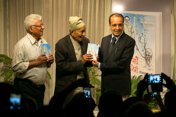Writer Jiban Prasain unveils his new book 'Sadhai Tanneri' by giving its copies to scholar Satya Mohan Joshi and botanist Tirtha Bahadur Shrestha in Kathmandu on Saturday. The book, published by Nepalaya, aims at inspiring people to age gracefully.