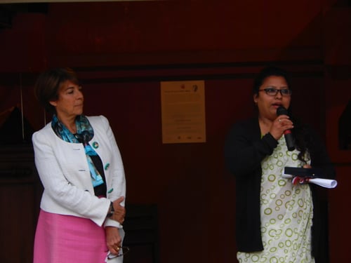 Sunita Danuwar (right) of Shakti Samuha receives the French Republic Human Rights Award from Ambassador of France to Nepal, Martine Bassereau at Alliance Française on Wednesday.