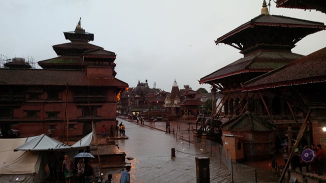 A flash flood in Mangal Bazar after an evening downpour at Patan Darbar Square on Saturday.
