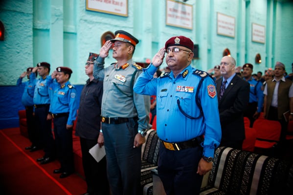 Inspector General of Police Upendra Kant Aryal at the launch of the new Traffic Police Mobile App at Nepal, Police Club, Kathmandu on Monday.