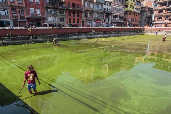 CLEAN UP: Locals help clean the pond at Pimbahal in Lalitpur on Thursday.