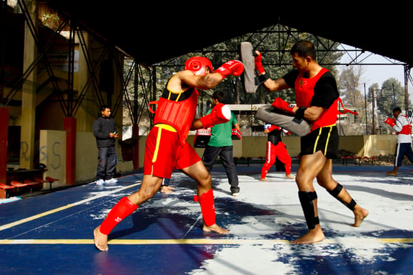Wushu Sanda players train for the upcoming 12th South Asian Games at Tripureshwor on Tuesday.