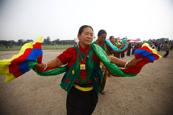 Members of the Kham Magar community perform Bhume Naach, a ritual dance paying obeisance to nature, as part of their celebrations during the Bhume festival in Tudhikhel, Kathmandu on Wednesday.