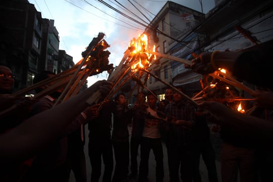 Protesters take part during the torch rally in Kathmandu on Monday against a Supreme Court verdict that disallows amnesty for perpetrators of heinous crimes during the war.