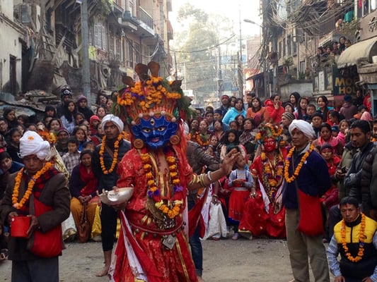 A devotee dressed up as the Hindu deity Bhadrakali performs a religious dance during Bhadrakali Khadga Siddhi festival on Saturday. The festival is celebrated in every 12 years in Naxal, Kathmandu.