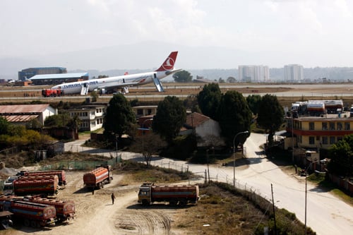 Turkish Airbus 330 with its nose on the ground off the runway at Tribhuvan International Airport on Wednesday.
