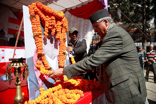 Political leaders attend the condolence program of late former Prime Minister Sushil Koirala at Ratnapark on Sunday.