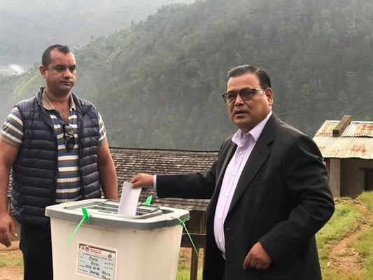 Deputy Prime Minister and Foreign Affairs Minister Krishna Bahadur Mahara casts his vote in the second phase of local elections on Wednesday in Rolpa district.