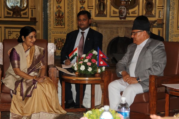 Indian External Affairs Minister Sushma Swaraj meets Nepali Foreign Minister Mahendra Bahadur Pandey at Hotel Yak & Yeti on Saturday.