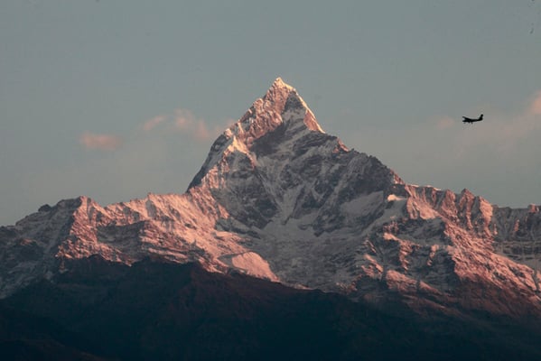An early morning flight from Pokhara to Jomson in-front of Mt. Machapuchre, 6,990m on Monday.