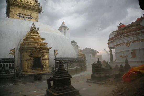 Swayambhunath temple is engulfed in a dust storm on Saturday evening.