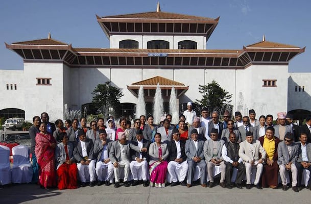 Prime Minister Sher Bahadur Deuba, CPN (Maoist-Centre) Chief Pushpa Kamal Dahal, and Speaker of the Parliament Onsari Gharti Magar pose for a group picture before the last meeting of the parliament on Saturday in Kathmandu. Elected as second the Constituent Assembly (CA) in November 2013, the Parliament will be dissolved from Saturday midnight ahead of federal and provincial elections scheduled for 26 November and 7 December respectively.