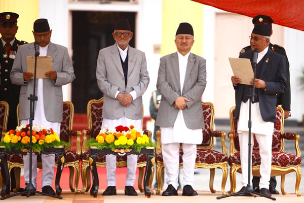 KP Sharma Oli is sworn in as Nepal’s 38th Prime Minister at a ceremony in Shital Niwas on Monday.