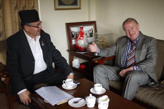 UML leader Jhalnath Khanal at a meeting with Russian Ambassador Sergey Vasilievich Velichkin on Tuesday.