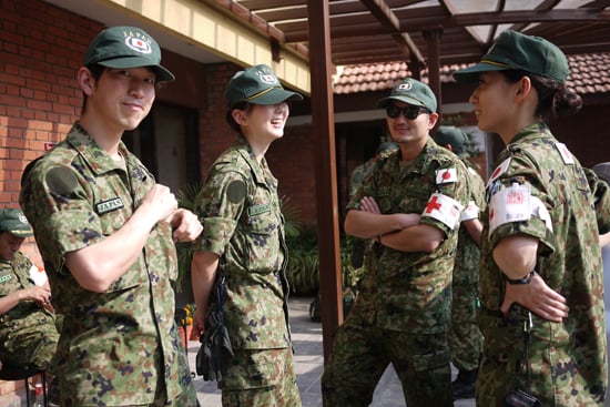 Japanese Army officials prepare to leave for a health camp organised in Tundikhel on Sunday morning.