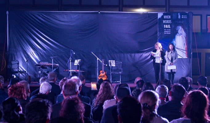Holocaust survivor Sara Atzmon talks about her time in the Bergen-Belsen concentration camp during the launch of her art exhibition “When Words Fail” at Alliance Française on Tuesday.