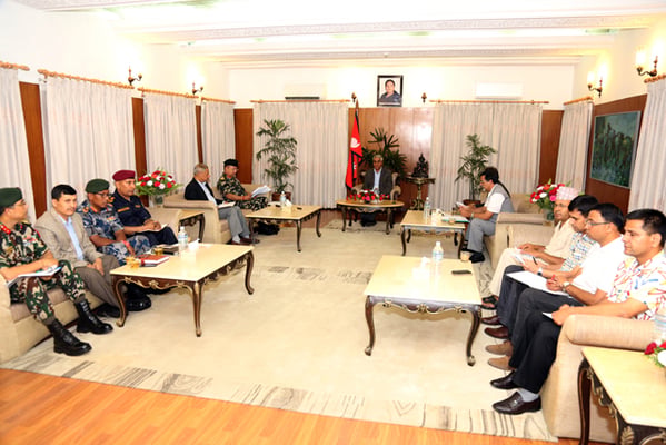 Prime Minister Sher Bahadur Deuba holds a meeting with Home Minister and Chiefs of all four security agencies at Baluwatar in the wake of floods and landslides on Saturday. Floods have killed at least two dozen people, and most parts of eastern Tarai have submerged under water.