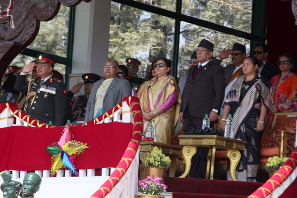 Nepal Army Chief Rajendra Chhetri, Chief Justice Sushila Karki, President Bidya Bhandari, Prime Minister Pushpa Kamal Dahal and Speaker Onsari Gharti Magar (from left to right) in Khula Manch, Kathmandu on Friday to celebrate Nepal Army Day.