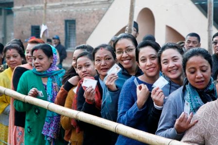 LONG LINE: Women await their turn to vote at Paknajol, Kathmandu-7.