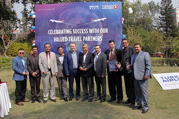 Abdullah Tuncer KECECI (fifth from left), General Manager of Turkish Airlines, with travel agents during an event at Hotel Yak & Yeti on Sunday.