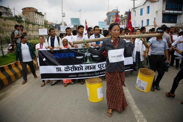 Participants in a rally in Babarmahal on Saturday to show their support for Govinda KC, who has been on a hunger strike for the past 14 days demanding reforms in the medical education sector.