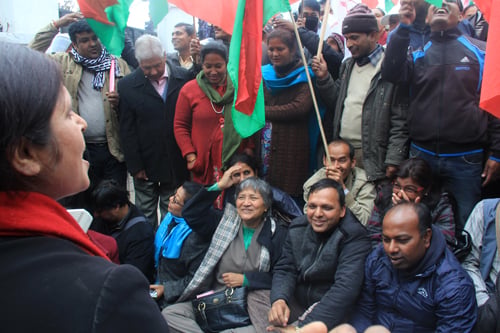 The 33-party alliance stage a protest in front of the Kathmandu District Administration Office on Sunday.