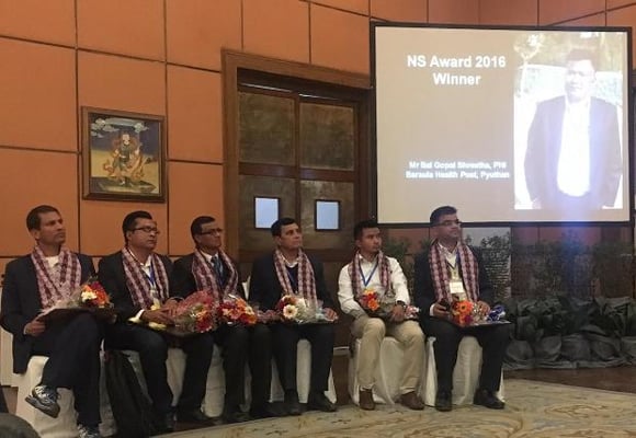 The Nick Simons Institute recognises six rural health workers on Tuesday with the Nick Simon Award going to Bal Gopal Shrestha (second from left) of Baraula Health Post in Pyuthan.