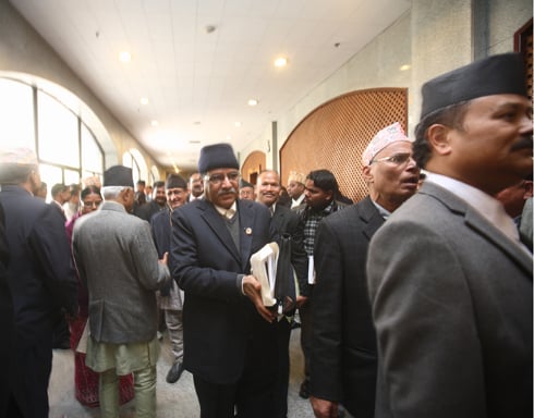 CA 2.0 : UCPN(Maoist) Chairman Pushpa Kamal Dahal at the International Convention Centre in Baneshwor on Tuesday for the swearing-in ceremony of Constituent Assembly members.