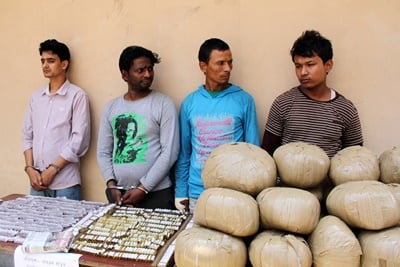 UNDER ARREST: Narcotic Drug Control Law Enforcement Unit in New Baneshwor seized drugs from Shatrughan Raut, Lal Bahadur, Raj Thapa and Ram Giri (l to r) on Thursday.