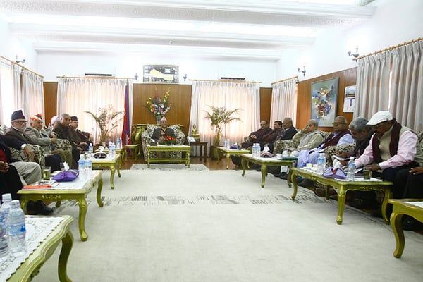 Leaders of ruling coalition and Madhesi Morcha meet to find a political solution at Baluwatar on Monday.
