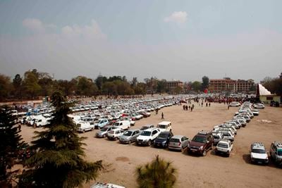 GRINDING HALT: Taxi drivers stage a protest at Khulamanch on Tuesday against police harassment.