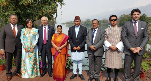 Foreign Affairs Minister Kamal Thapa poses for a group picture along with Foreign Ministers from all South Asian countries after the inauguration ceremony of a SAARC meeting in Pokhara on Thursday.